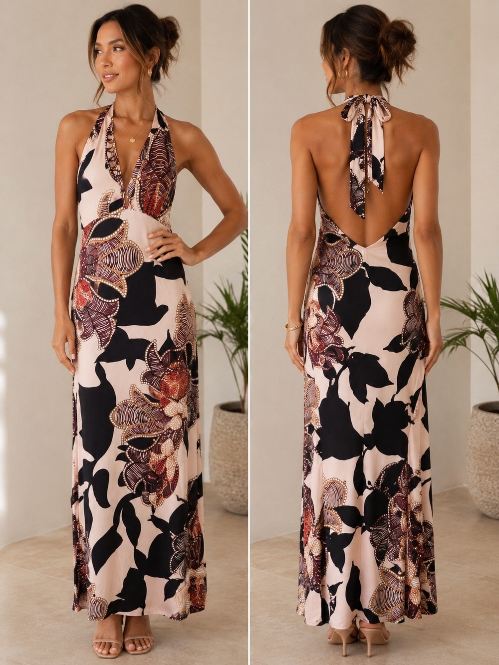 Backless Halter Maxi Dress in Blush and Black Floral